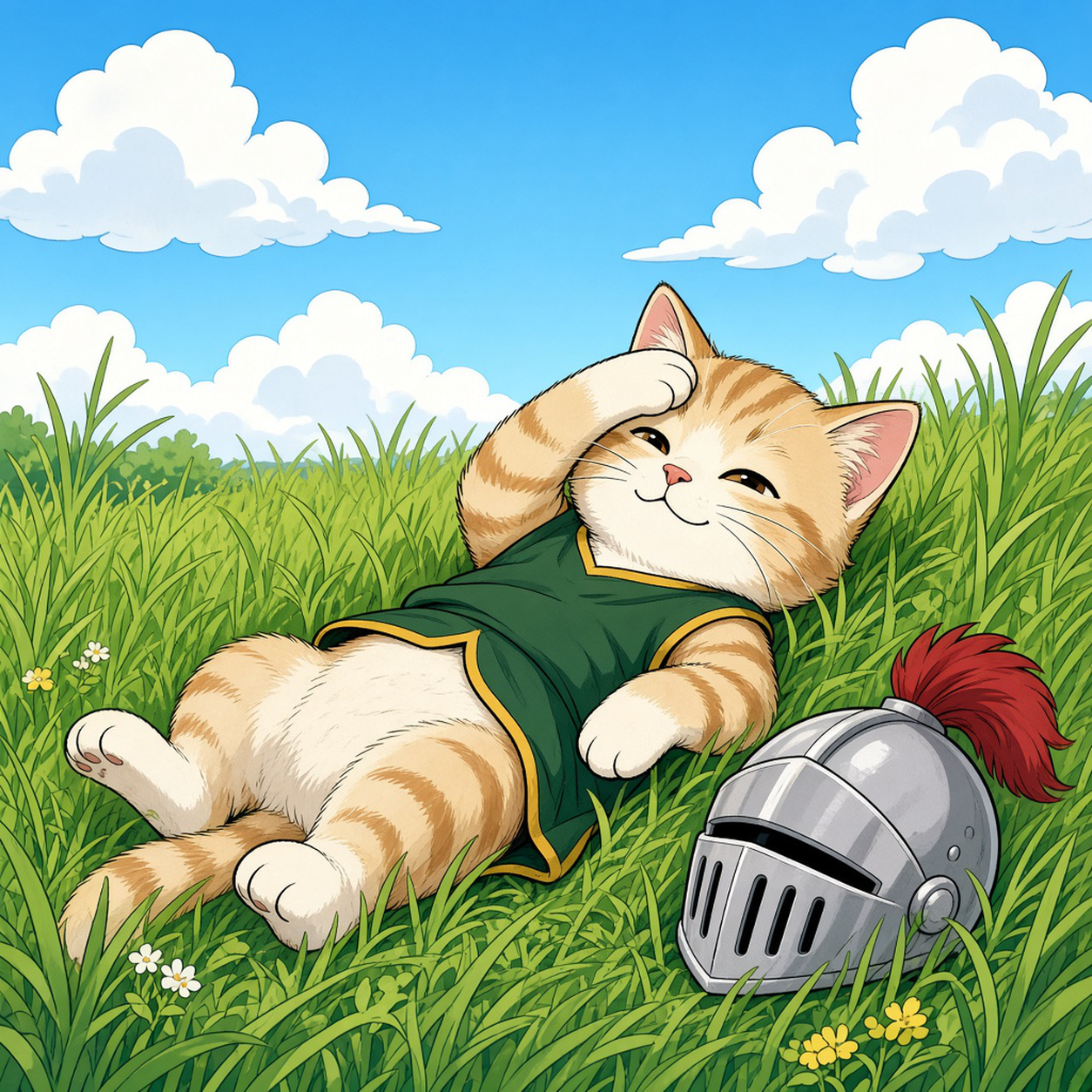 骑士小猫 rests peacefully in the grass.