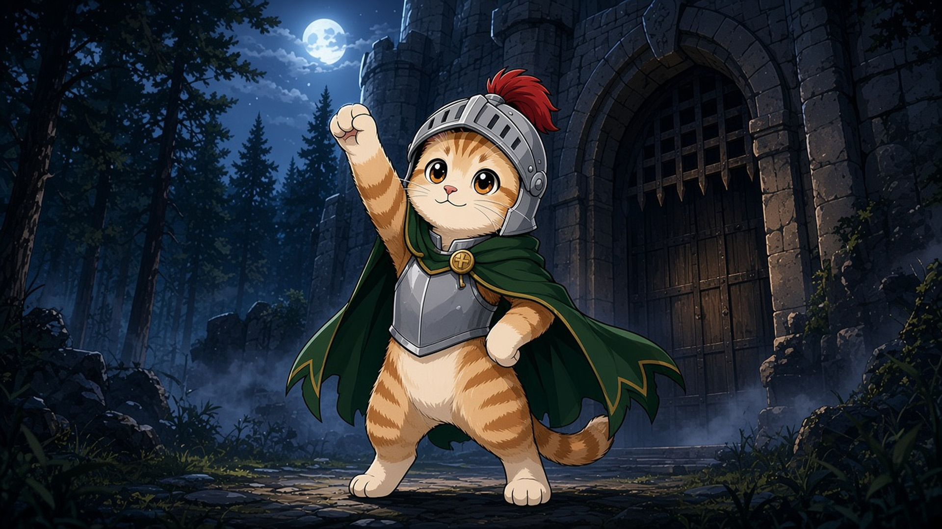 骑士小猫 arriving at a forest castle