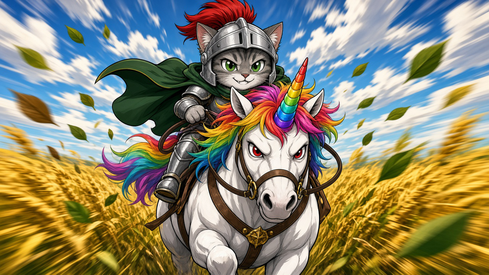 骑士小猫 charges through the forest on a unicorn